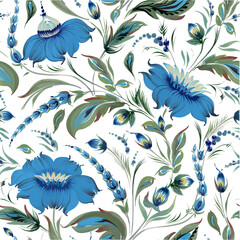 Vector floral seamless pattern of ornate flowers and leaves on a white background