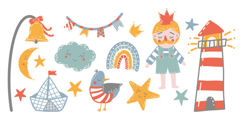 Cute little boy, king character, sea-themed set for babies. Sailor, lighthouse, seagull, paper boat, ship’s bell, flags. Hand drawing, isolated design elements on white background. Bright palette.