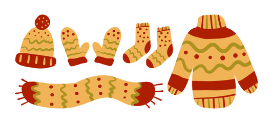 Knitwear collection of warm clothes. Sweater, hat, mittens, socks, scarf. A set of autumn and winter cozy accessories. Hand drawn in doodle. Warm palette. Isolated design elements on white background 
