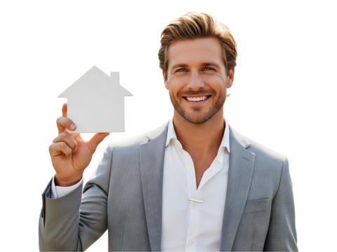 Happy Real Estate Agent Holding Paper House Cutout Selling Home Concept. Businessman Promoter Advertising Mortgage Investment Service and Property
