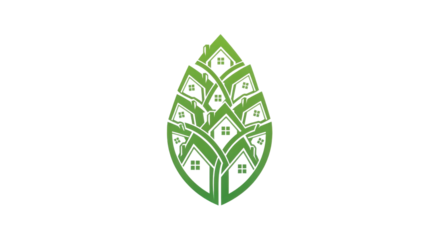 Green leaf shape with houses logo concept isolated PNG with Transparent Background
