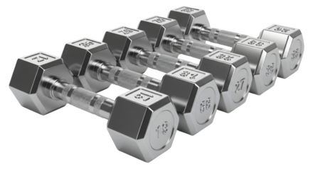 Set of iron dumbbells for fitness training and workout isolated PNG with Transparent Background