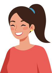 Happy woman with dark hair in a ponytail and a coral shirt is smiling, portraying positive emotion and human feeling for design element.