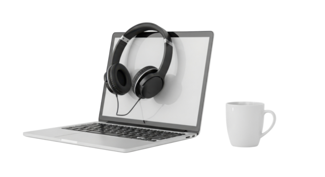 Laptop computer with headphones and a cup isolated PNG with Transparent Background - Powered by Adobe
