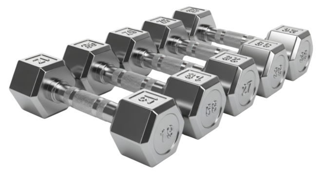 Set of iron dumbbells for fitness training and workout isolated PNG with Transparent Background