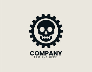 Vector logo shows skull inside gear cog with industrial mechanical design in modern style