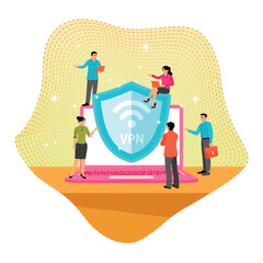 VPN virtual private network concept. Team Demonstrates VPN Shield Security on Laptop for Privacy.