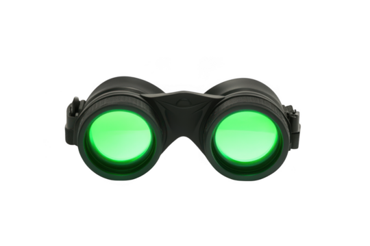 Night vision binoculars with glowing green lenses stock photo, optics equipment, spyglass, isolated vector, surveillance, military, isolated on transparent background