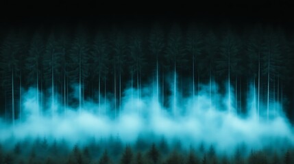 Mystical forest at night, shrouded in vibrant blue mist