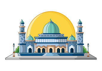 Mosque Islamic Religious Building Exterior Vector Illustration with Dome and Minarets