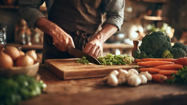 Person chopping vegetables on a wooden cutting board in a cozy kitchen, with carrots, broccoli, onions and garlic nearby.