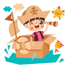 Cartoon Kid Wearing Cardboard Costume