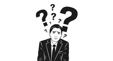 Confused businessman with question marks hovering, depicting uncertainty and lack of clarity in