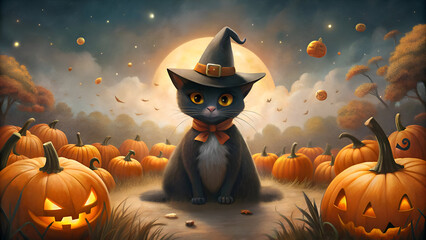 Cute black cat wearing a witch's hat and bow tie surrounded by pumpkins on a Halloween night. A whimsical. artistic portrayal of a mystical Halloween scene.