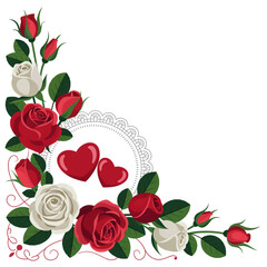 Red and White Roses with Hearts and Lace Corner Decoration