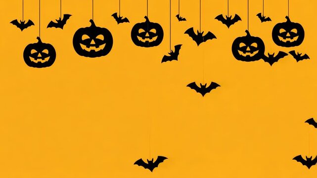 Black silhouettes of Halloween pumpkins and bats hanging against an orange background image photo