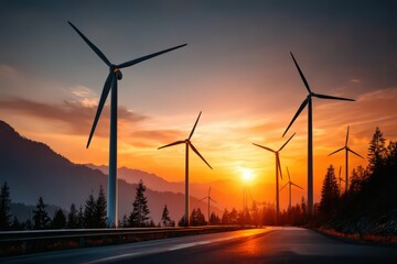 Breathtaking orange and blue sunset illuminating wind turbines along a scenic mountain road symbolizing the future of renewable energy and sustainable development across remarkable landscapes