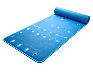 Blue yoga mat with textured surface. Isolated transparent background
