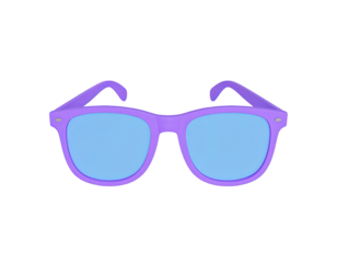 Modern 3d purple sunglasses stylish eyewear accessory with glossy plastic frame and protective tinted lenses isolated on white background