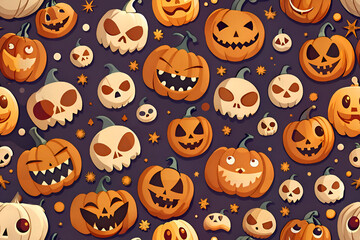Halloween pumpkin and skull seamless pattern on dark background. Cartoonish jack o' lanterns and skulls in various expressions create a spooky yet playful backdrop.