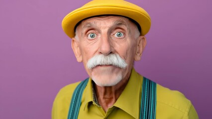 Elderly man with striking blue eyes and a white mustache, wearing a yellow hat and green shirt, expresses surprise in a vibrant purple background, showcasing a dynamic emotional moment