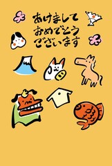 Fototapeta premium 筆書きの馬と正月のゆるくてかわいい和風年賀状 2026 富士山・招き猫・獅子舞