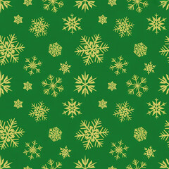 Repeating Pattern of Golden Snowflakes on Green Background