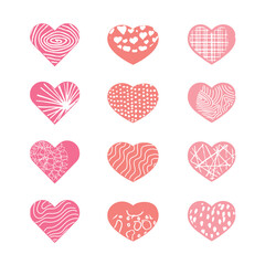 A set of hand-drawn red hearts with a soft, brush-stroke texture.