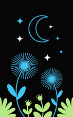 Stylized Night Scene With Moon, Stars, And Dandelion Flowers