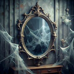 Antique ornate mirror with cobwebs in a dimly lit room. A vintage. gold framed oval mirror. covered in cobwebs. sits on a wooden vanity in a dark. moody interior.