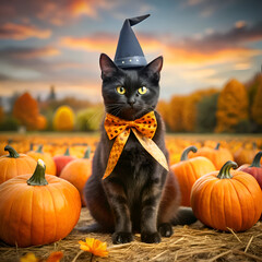 Black cat wearing witch's hat and orange bow tie. sitting amidst pumpkins in an autumnal field. Adorable pet in festive Halloween costume with fall scenery.