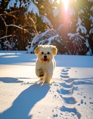 A small, light-colored dog runs through a snowy landscape bathed in sunlight