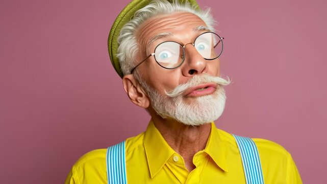 Elderly man with white beard and glasses, wearing a yellow shirt and green hat, displays a range of expressive emotions in a playful sequence against a soft pink background, showcasing his vibrant per