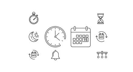 Line art collection of time management elements including clock calendar and hourglass concept