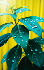 Teal Leaves with Water Droplets on Yellow Background