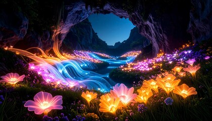 Glowing River Scene with Fantastical Flowers at Night Under Starry Sky