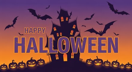Spooky Halloween Night with a Haunted Mansion and Flying Bats