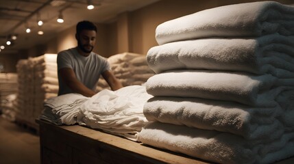 A man works in a laundry facility folding white linens with stacks of clean towels in the foreground under soft warm light