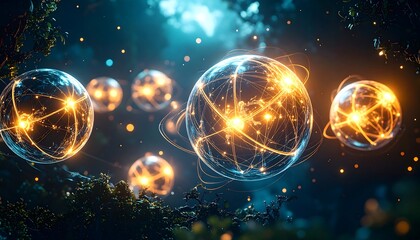 Glowing Spheres with Energy Lines in a Dark Forest Environment