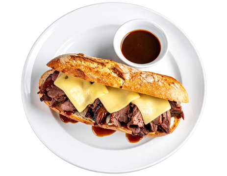 Open-Faced French Dip Sandwich with Cheese Melt, Top-Down Flat Lay, isolated