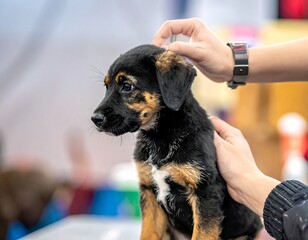 A small, mixed-breed puppy being gently touched