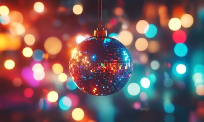Disco ball with colorful lights and bokeh effects, set against a nightclub background for a 70s-themed New Year's party or birthday celebration. Sparkling decor and a festive atmosphere, Generative AI
