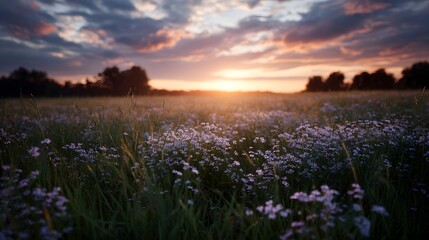 Serene wildflower meadow bathed in the warm golden light of a sunset sky with soft clouds