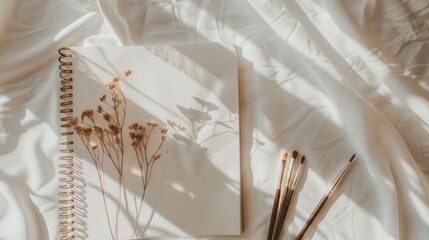Open Spiral Notebook with Dried Flowers and Paintbrushes on White Satin Fabric Sunlit Background
