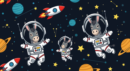 Fototapeta premium Happy astronaut donkeys explore the cosmos among rockets and planets Fun adventurous space travel