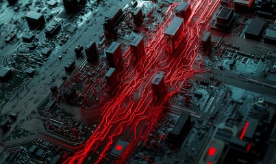 Close-up of a circuit board with red lines, symbolizing cyber threats, hacking attempts, and data protection in the digital age, Generative AI