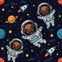 Cute cartoon bison astronauts exploring cosmic space with rockets and planets Whimsical adventure