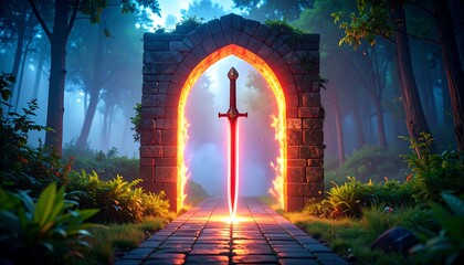 Glowing Sword Inside Stone Archway in a Forest with a Path