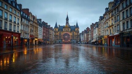 Obraz premium Rainy European town square