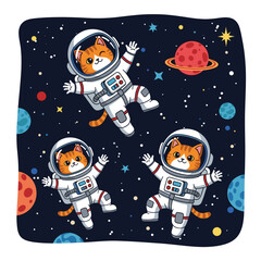 Three happy cartoon astronaut cats explore vibrant space with planets and stars Kids pets adventure